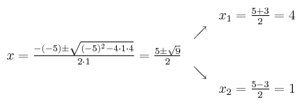 \begin{array}{ccc} & & x_1 = \frac{5+3}{2}=4\\ & \nearrow &\\ x=\frac{-(-5)\pm \sqrt{(-5)^2-4 \cdot1\cdot4}}{2 \cdot1}=
\frac{5\pm \sqrt{9}}{2}& &\\ & \searrow &\\& &x_2 = \frac{5-3}{2}=1\end{array}
\begin{array}{ccc} & & x_1 = \frac{5+3}{2}=4\\ & \nearrow &\\ x=\frac{-(-5)\pm \sqrt{(-5)^2-4 \cdot1\cdot4}}{2 \cdot1}=
\frac{5\pm \sqrt{9}}{2}& &\\ & \searrow &\\& &x_2 = \frac{5-3}{2}=1\end{array}