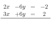 \begin{array}{cccc}
2x & -6y & = & -2 \\ 
3x & +6y & = & 2 \\
\hline&&&
  \end{array}