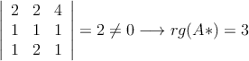 \left|
\begin{array}{ccc}
 2 & 2 &  4 \\
 1 & 1 &  1 \\
 1 & 2 &  1
\end{array}
\right| = 2 \neq 0 \longrightarrow rg(A*) = 3