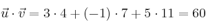 \vec{u} \cdot \vec{v} = 3 \cdot 4 + (-1) \cdot 7 + 5 \cdot 11 = 60
