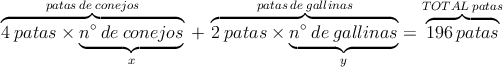 \overbrace{4 \: patas \times \underbrace{n^\circ \: de \: conejos}_{x}}^{patas \: de \: conejos} \: + \: \overbrace{2 \: patas \times \underbrace{n^\circ \: de \: gallinas}_{y}}^{patas \: de \: gallinas} = \overbrace{196 \: patas}^{TOTAL \: patas} \overbrace{4 \: patas \times \underbrace{n^\circ \: de \: conejos}_{x}}^{patas \: de \: conejos} \: + \: \overbrace{2 \: patas \times \underbrace{n^\circ \: de \: gallinas}_{y}}^{patas \: de \: gallinas} = \overbrace{196 \: patas}^{TOTAL \: patas}
