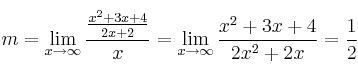 m = \lim\limits_{x \rightarrow \infty} \frac{\frac{x^2+3x+4}{2x+2}}{x}= \lim\limits_{x \rightarrow \infty} \frac{x^2+3x+4}{2x^2+2x}=\frac{1}{2} m = \lim\limits_{x \rightarrow \infty} \frac{\frac{x^2+3x+4}{2x+2}}{x}= \lim\limits_{x \rightarrow \infty} \frac{x^2+3x+4}{2x^2+2x}=\frac{1}{2}