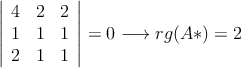 \left|
\begin{array}{ccc}
 4 & 2 &  2 \\
 1 & 1 &  1 \\
 2 & 1 &  1
\end{array}
\right| = 0  \longrightarrow rg(A*) = 2