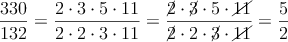  \frac{330}{132} = \frac{ 2 \cdot 3 \cdot 5 \cdot11}{ 2 \cdot 2 \cdot 3 \cdot11} =  \frac{ \cancel{2}\cdot \cancel{3}\cdot 5\cdot \cancel{11}}{ \cancel{2}\cdot 2\cdot \cancel{3}\cdot \cancel{11}} = \frac{5}{2}