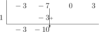 \polyhornerscheme[x=1, stage=4, tutor=true]{-3x^3-7x^2+3}