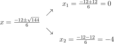 \begin{array}{ccc} & & x_1 = \frac{-12+12}{6} = 0\\ & \nearrow & \\x = \frac{-12\pm\sqrt{144}}{6} & & \\ & \searrow & \\ & & x_2 = \frac{-12-12}{6} = -4\end{array}