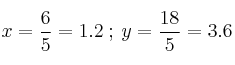 x=\frac{6}{5}=1.2 \: ; \: y=\frac{18}{5}=3.6 x=\frac{6}{5}=1.2 \: ; \: y=\frac{18}{5}=3.6
