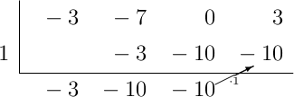 \polyhornerscheme[x=1, stage=7, tutor=true]{-3x^3-7x^2+3}