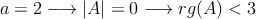 a = 2 \longrightarrow |A| = 0 \longrightarrow rg(A)<3
