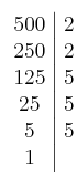 
\left. \begin{array}{c|c}500 & 2\cr250 & 2 \cr125 & 5 \cr25 & 5 \cr5 & 5 \cr1\end{array} \right.