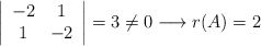 \left| \begin{array}{cc}-2&1\\1&-2\end{array}\right| =3 \neq 0 \longrightarrow r(A)=2