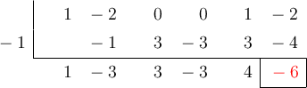 \polyhornerscheme[x=-1,resultstyle=\color{red},resultbottomrule,resultleftrule,resultrightrule]{x^5-2x^4+x-2}