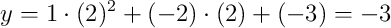 y=1\cdot(2)^2+(-2)\cdot(2)+(-3)=-3