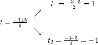\begin{array}{ccc} & & t_1 = \frac{-3+5}{2} = 1\\ & \nearrow & \\t = \frac{-3\pm5}{2} & & \\ & \searrow & \\ & & t_2 = \frac{-3-5}{2} = -4\end{array}