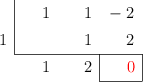 \polyhornerscheme[x=1,resultstyle=\color{red},resultbottomrule,resultleftrule,resultrightrule]{x^2+x-2}