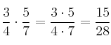 \frac{3}{4} \cdot \frac{5}{7} = \frac{3 \cdot 5}{4 \cdot 7} = \frac{15}{28} \frac{3}{4} \cdot \frac{5}{7} = \frac{3 \cdot 5}{4 \cdot 7} = \frac{15}{28}