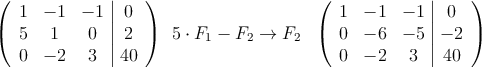 \left(
\begin{array}{ccc|c}
1 & -1 & -1 & 0 \\
5 & 1 & 0 & 2 \\
0 & -2 & 3 & 40
\end{array}
\right )
\begin{array}{c}
\: \\
5 \cdot F_1 - F_2 \rightarrow F_2 \\
\:
\end{array}
\:
\left(
\begin{array}{ccc|c}
1 & -1 & -1 & 0 \\
0 & -6 & -5 & -2 \\
0 & -2 & 3 & 40
\end{array}
\right ) \left(
\begin{array}{ccc|c}
1 & -1 & -1 & 0 \\
5 & 1 & 0 & 2 \\
0 & -2 & 3 & 40
\end{array}
\right )
\begin{array}{c}
\: \\
5 \cdot F_1 - F_2 \rightarrow F_2 \\
\:
\end{array}
\:
\left(
\begin{array}{ccc|c}
1 & -1 & -1 & 0 \\
0 & -6 & -5 & -2 \\
0 & -2 & 3 & 40
\end{array}
\right )