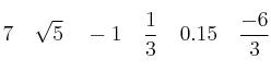 7  \quad \sqrt{5} \quad -1  \quad
\frac{1}{3} \quad 0.15 \quad \frac{-6}{3}