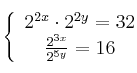 \left\{
\begin{array}{c}
2^{2x} \cdot 2^{2y}=32 \\
\frac{2^{3x}}{2^{5y}}=16
\end{array}
\right.