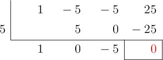 \polyhornerscheme[x=5, resultstyle=\color{red},resultbottomrule,resultleftrule,resultrightrule]{x^3-5x^2-5x+25}