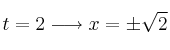 t=2 \longrightarrow x= \pm \sqrt{2} 