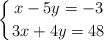  \left\{  x-5y=-3 \atop 3x+4y=48   \right.