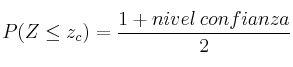 P(Z \leq z_c) = \frac{1+nivel \:confianza}{2} P(Z \leq z_c) = \frac{1+nivel \:confianza}{2}