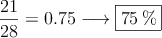 \frac{21}{28} = 0.75 \longrightarrow \fbox{75\%}
