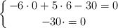 \left\{ -6 \cdot 0+5 \cdot 6-30=0 \atop -30 \cdot =0 \right.