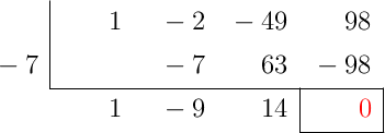 \polyhornerscheme[x=-7, resultstyle=\color{red},resultbottomrule,resultleftrule,resultrightrule]{x^3-2x^2-49x+98}