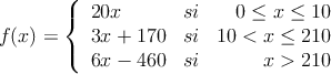 f(x)=\left\{
\begin{array}{lcr}
20x & si & 0 \leq x \leq 10 \\
3x+170 & si & 10 < x \leq 210 \\
6x-460 & si & x>210
\end{array}
\right. f(x)=\left\{
\begin{array}{lcr}
20x & si & 0 \leq x \leq 10 \\
3x+170 & si & 10 < x \leq 210 \\
6x-460 & si & x>210
\end{array}
\right.