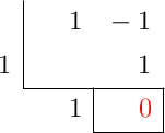 \polyhornerscheme[x=1, resultstyle=\color{red},resultbottomrule,resultleftrule,resultrightrule]{x-1}