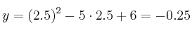 y=(2.5)^2-5 \cdot 2.5 + 6 = -0.25