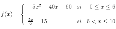 f(x) = 
\left\{
\begin{array}{lcr}
 -5x^2+40x-60 & si & 0 \leq x \leq 6 \\
\\ \frac{5x}{2}-15 & si & 6 <  x \leq 10 \\
\end{array}
\right. 