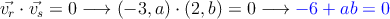 \vec{v_r} \cdot \vec{v_s} = 0 \longrightarrow (-3,a) \cdot (2,b)= 0 \longrightarrow \textcolor{blue}{-6+ab=0}