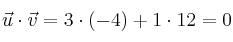 \vec{u} \cdot \vec{v} = 3 \cdot (-4) + 1 \cdot 12 = 0
