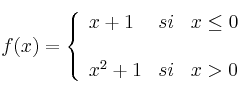  
f(x)= \left\{ \begin{array}{lcc}
              x+1 &   si  & x \leq 0 \\
              
              \\ x^2+1 &  si  & x > 0 
              \end{array}
    \right.
