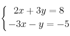 \displaystyle {
\left\{ {2x+3y=8 \atop -3x-y=-5 } \right.}