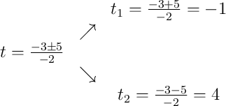 \begin{array}{ccc} & & t_1 = \frac{-3+5}{-2} = -1\\ & \nearrow & \\t = \frac{-3\pm5}{-2} & & \\ & \searrow & \\ & & t_2 = \frac{-3-5}{-2} = 4\end{array}