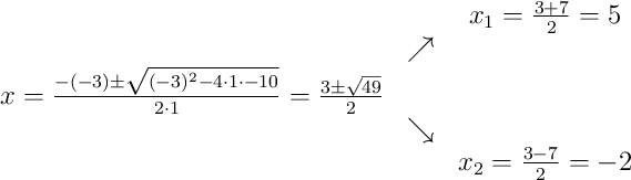 \begin{array}{ccc} & & x_1 = \frac{3+7}{2}=5\\ & \nearrow &\\x=\frac{-(-3)\pm\sqrt{(-3)^{2}-4\cdot1\cdot-10}}{2\cdot1}=\frac{3\pm\sqrt{49}}{2} & &\\ & \searrow &\\& & x_2 = \frac{3-7}{2}=-2\end{array}