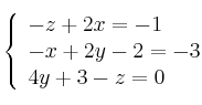  \left\{
\begin{array}{l}
    -z+2x=-1
\\ -x+2y-2=-3
\\ 4y+3-z=0
\end{array}
\right.