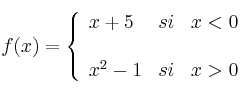 f(x)= \left\{ \begin{array}{lcc}
x+5 & si & x < 0 \\
\\ x^2-1 & si & x >0
\end{array}
\right.
f(x)= \left\{ \begin{array}{lcc}
x+5 & si & x < 0 \\
\\ x^2-1 & si & x >0
\end{array}
\right.