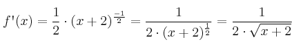f\textsc{\char13}(x)=\frac{1}{2} \cdot (x+2)^\frac{-1}{2}=\frac{1}{2 \cdot (x+2)^\frac{1}{2}}=\frac{1}{2 \cdot \sqrt{x+2} f\textsc{\char13}(x)=\frac{1}{2} \cdot (x+2)^\frac{-1}{2}=\frac{1}{2 \cdot (x+2)^\frac{1}{2}}=\frac{1}{2 \cdot \sqrt{x+2}