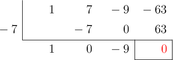 \polyhornerscheme[x=-7, resultstyle=\color{red},resultbottomrule,resultleftrule,resultrightrule]{x^3+7x^2-9x-63}