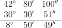 \begin{array}{ccc}
42^{\circ} & 80^{\prime} & 100^{\prime \prime} \\
30^{\circ} & 30^{\prime} & 51^{\prime \prime} \\
\hline
8^{\circ} & 50^{\prime} & 49^{\prime \prime} 
\end{array}