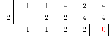 \polyhornerscheme[x=-2, resultstyle=\color{red},resultbottomrule,resultleftrule,resultrightrule]{x^4+x^3-4x^2-2x+4}