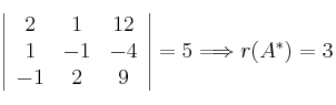 \left|
\begin{array}{ccc}
2 & 1& 12 \cr
1& -1 &-4 \cr
-1 & 2 &9
\end{array}
\right| = 5 \Longrightarrow r(A^*)=3 \left|
\begin{array}{ccc}
2 & 1& 12 \cr
1& -1 &-4 \cr
-1 & 2 &9
\end{array}
\right| = 5 \Longrightarrow r(A^*)=3