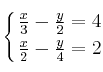 \displaystyle {
\left\{ { \frac{x}{3} - \frac{y}{2} = 4 \atop   \frac{x}{2} - \frac{y}{4} = 2 } 
\right.
}