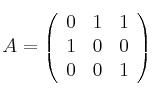 A = \left(
\begin{array}{ccc}
0 & 1 & 1 \\
1 & 0 & 0 \\
0 & 0 & 1
\end{array}
\right)