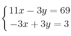 \displaystyle {
\left\{ {11x-3y=69 \atop -3x+3y=3 } \right.}